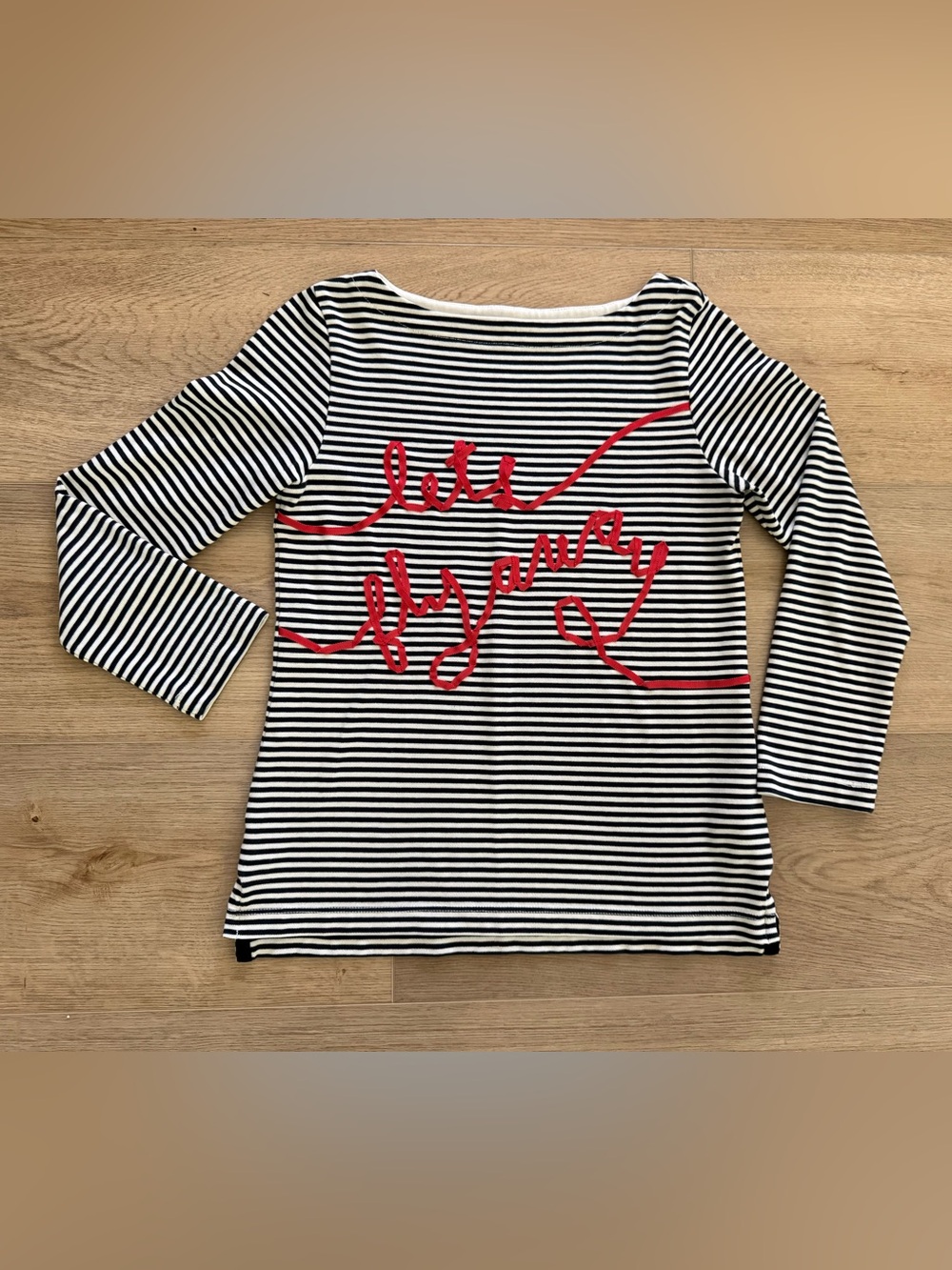 Kate Spade Saturday Let’s Fly Away Ribbon Script Stripe Top Small